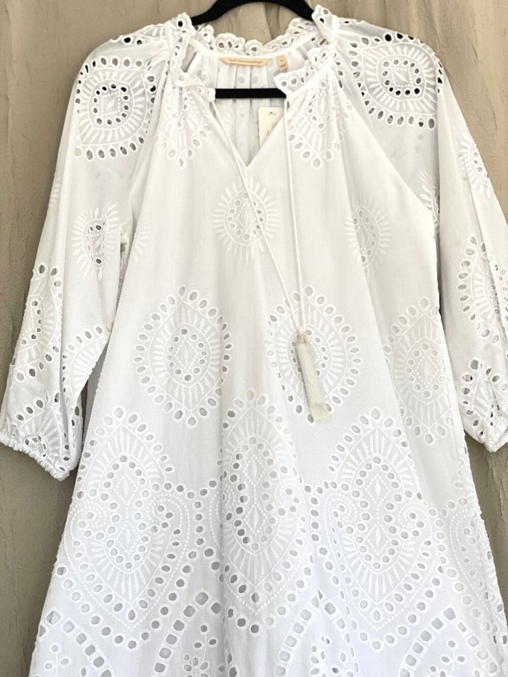 Soft Surroundings Small White Eyelet Peasant Midi Ruffle Dress Cotton 3/4 Sleeve - Picture 3 of 13